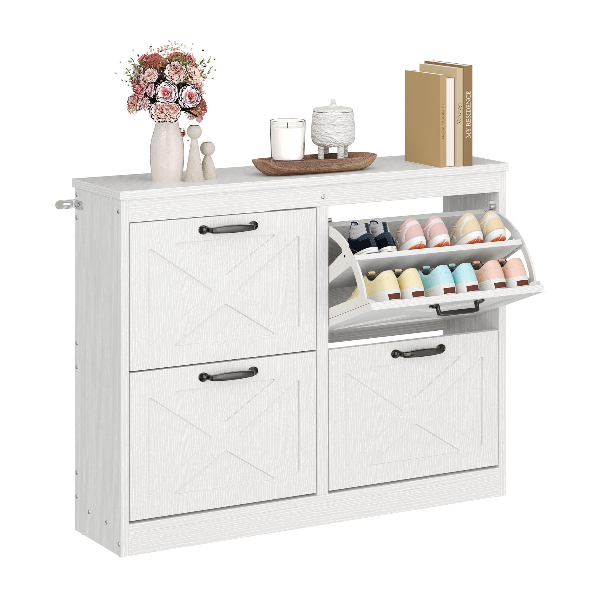 Uforic Shoe Storage Cabinet with 4 Flip Drawers, Farmhouse Wood Shoe Cabinet, FreeStanding Narrow Shoe Rack Organizer with Metal Legs for Entryway, Hallway, White
