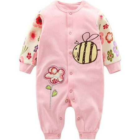 

Baby Cotton Romper Girls Boys Pajamas Newborn Onesie Cartoon Outfits Pink Flower Bee 6-9 Month