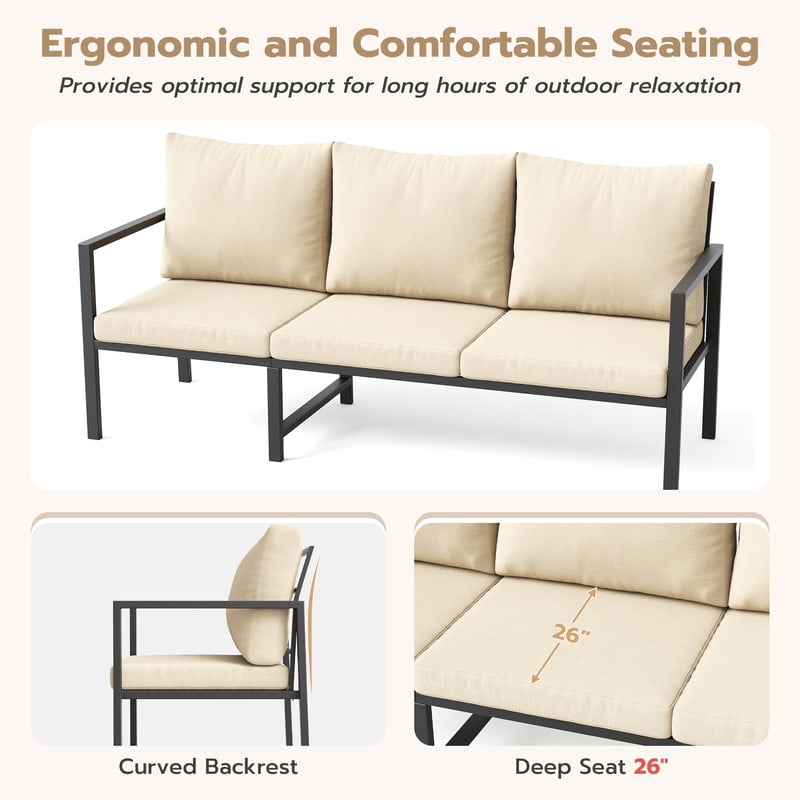 MRUAKA 4-Piece Outdoor Patio Conversation Set, Metal Frame Furniture Sofa with Armchairs & Coffee Table, Weather-Resistant Cushions for Balcony, Deck, Poolside Beige