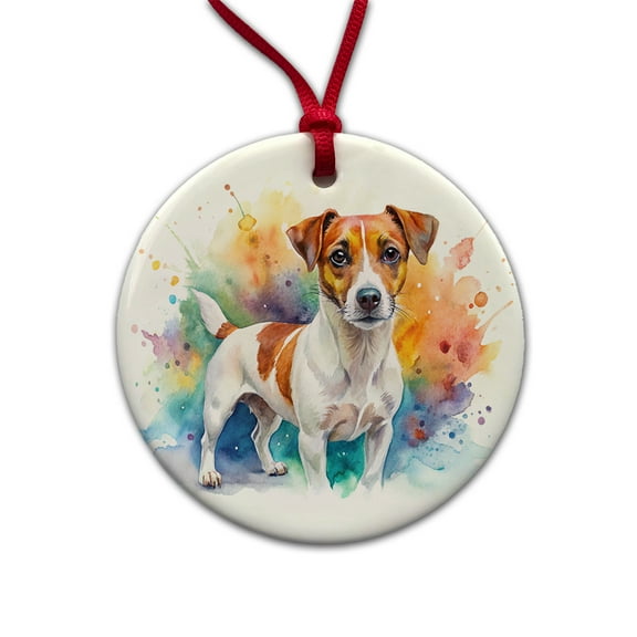 Jack Russell Terrier Dog Watercolor Style Christmas Tree Holiday Round Ceramic Ornament