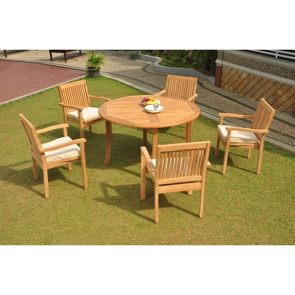 Grade-A Teak Dining Set: 5 Seater 6 Pc: 52" Round Table And 5 Leveb Stacking Arm Chairs Outdoor Patio WholesaleTeak #WMDSWVm