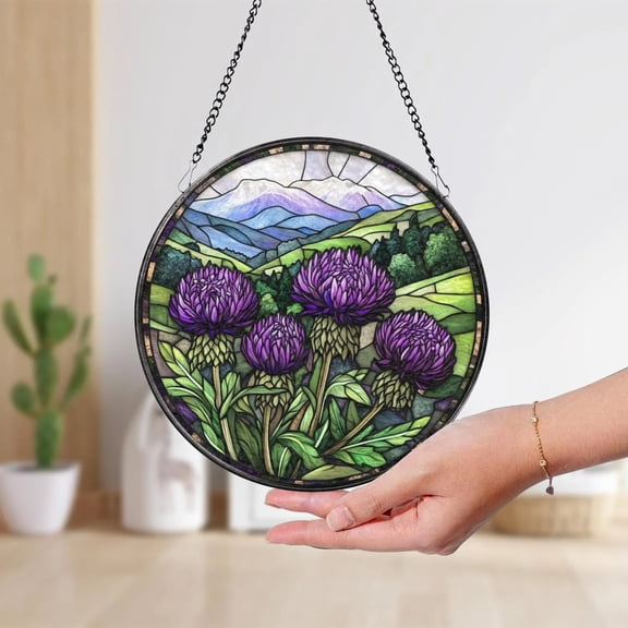 Purple Thistle Stained Glass Suncatcher, Scottish Wildflower Window Hanging, Highland Landscape Round Glass Art, Nature Lover Gift