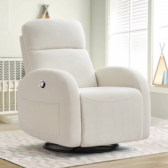 Aemeios Chenille Swivel Rocker Glider Manual Recliner Nursery Rocking Chair with Double Pockets, White