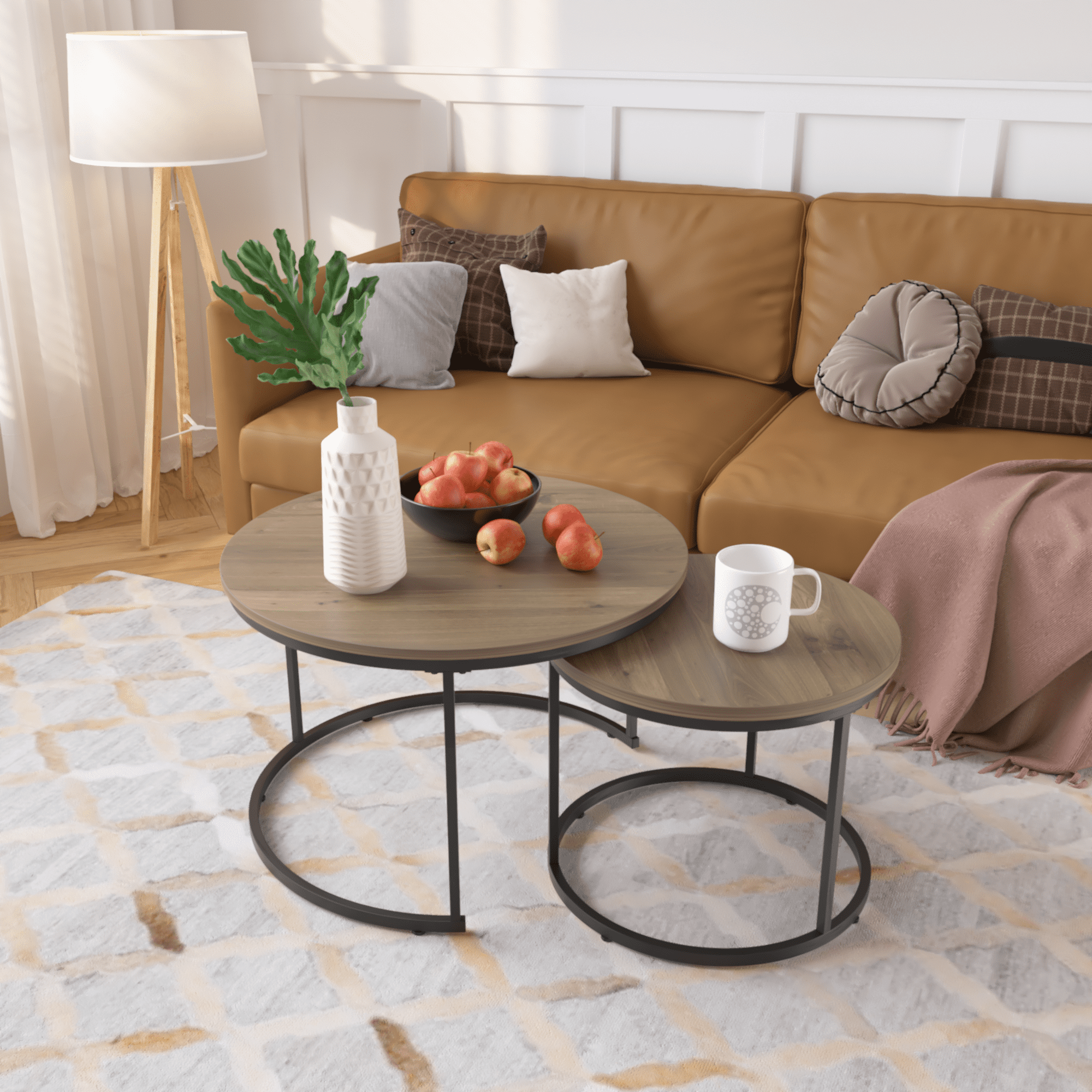 27.6" Nesting Coffee Table Set of 2, Round Coffee Table Wood Marble Pattern Top with Sturdy Metal Frame, End Table Side Tables for Living Room Bedroom Balcony Yard (Brown)