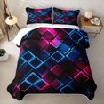 thumbnail image 2 of Castle Fairy Abstract Neon Cube Grid Bed Spread Queen 3pcs,Minimalism Glowing Square Queen Coverlet Set,Magenta Blue Black,1 Quilt and 2 Pillowcases, 2 of 7