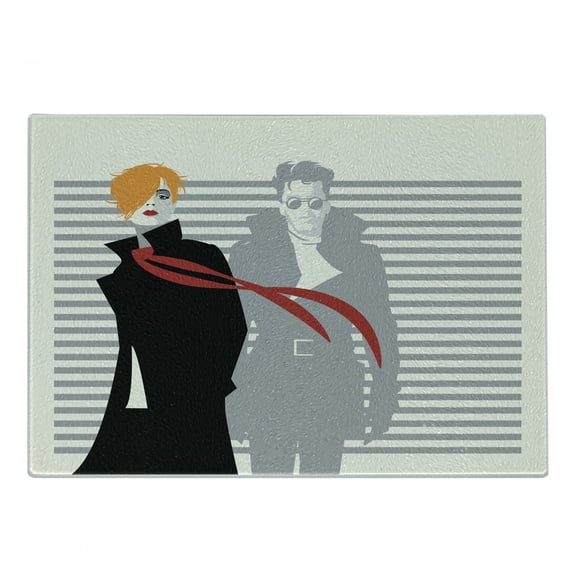 Abstract Woman Cutting Board, Contemporary Lady and a Man on Stripes, Decorative Tempered Glass Cutting and Serving Board, in 3 Sizes, by Ambesonne