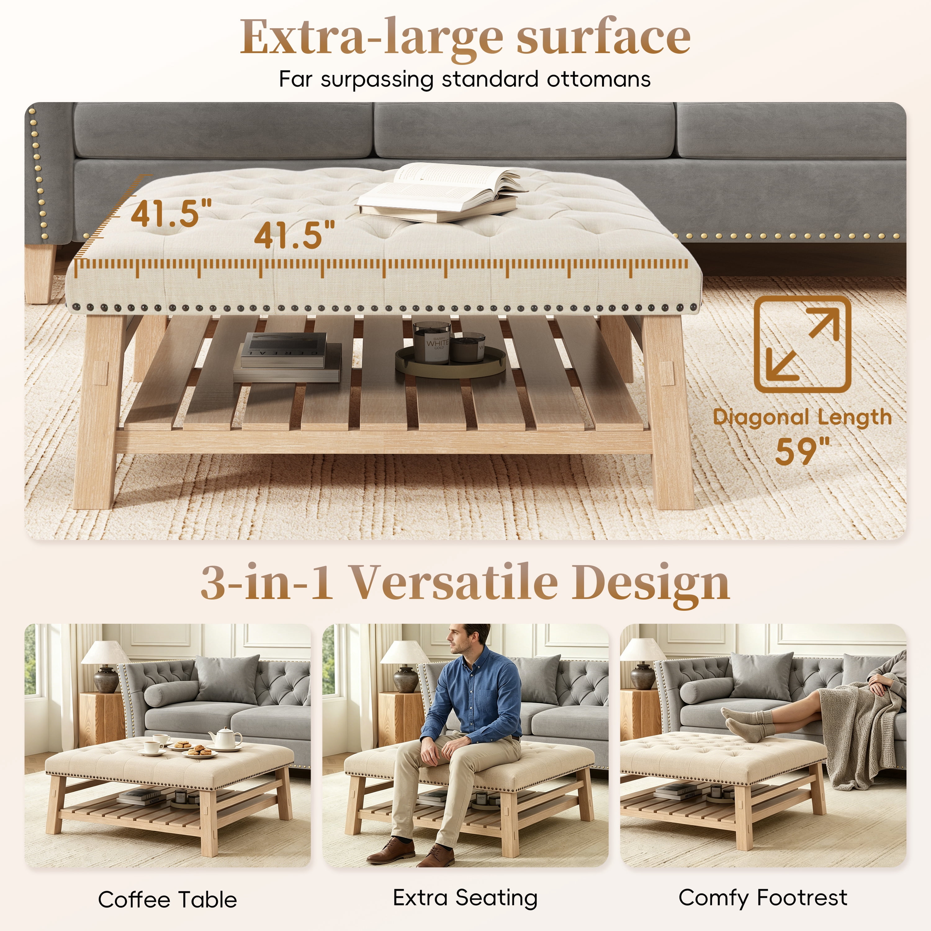 Euroco Large Square Ottoman Coffee Table,Linen Upholstered Footrest Ottoman with Shelf Storage,Nailhead Trim & Solid Wood Legs for Bedroom Living Room,Beige