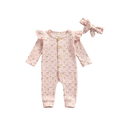 

ZIYIXIN Infant Baby Girls Floral Jumpsuit Playsuit Long Sleeve Ruffle Romper Ribbed One-Piece Romper+Headband Set Pink 12-18 Months