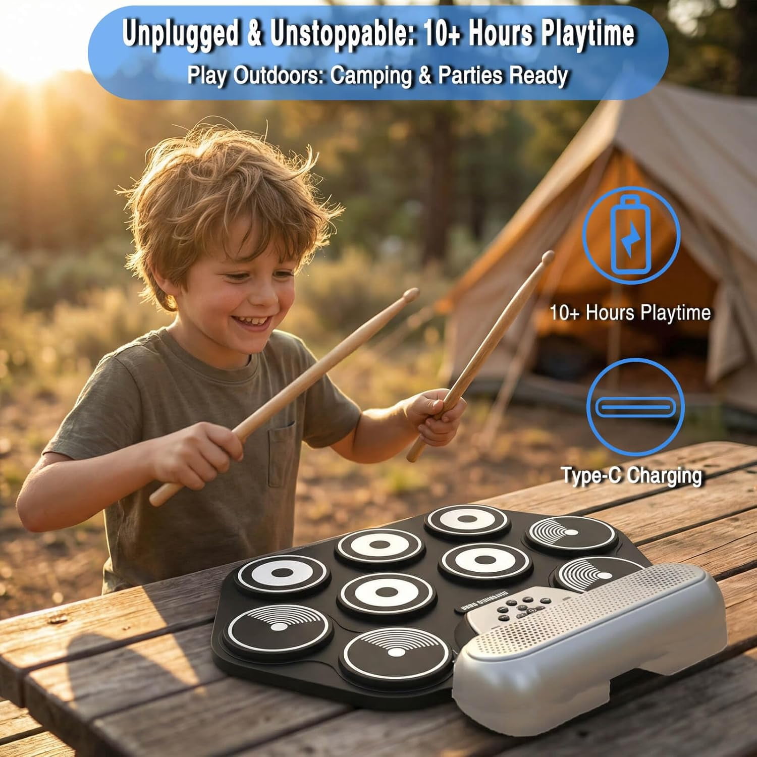 9-Pad Electric Drum Set for Kids & Beginners - Portable Roll Up Electronic Drum with 0.4" Thickened Pads, 10-Hour Rechargeable Battery, Headphone Jack - Supports DTX Games (Sticks & Pedals Included)
