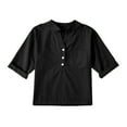 thumbnail image 1 of Linen Shirts Girl 3/4 Sleeve V Neck Blouses Buttons Loose Fit T Shirts Solid Color Summer Holiday Tops Clothes, 1 of 6