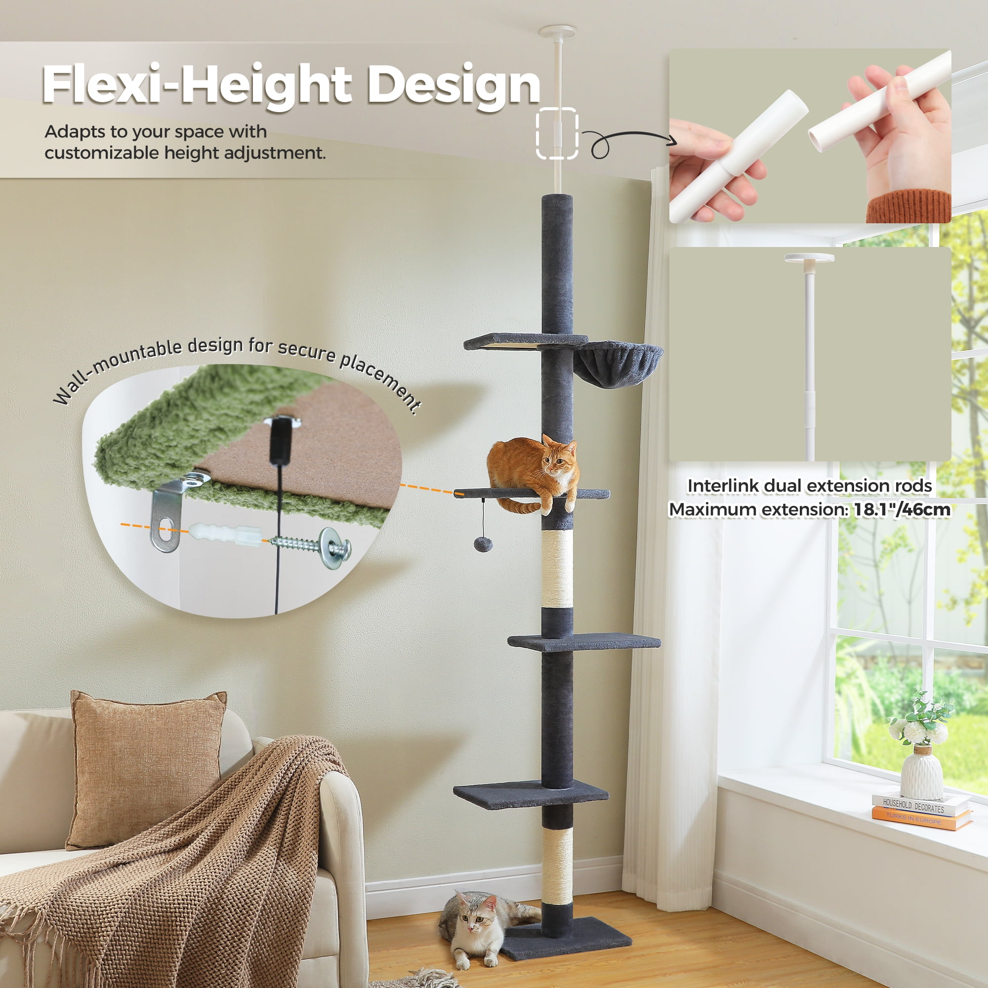 PAWZ Road 5-Level Cat Tree Cactus Style Floor to Ceiling Tower for Indoor Small Cats, Gray