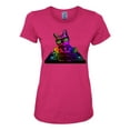 thumbnail image 2 of Neon Retro Rainbow DJ MC Hip Hop Cat | Womens Cat Lover Graphic T-Shirt, Fuschia, X-Large, 2 of 4