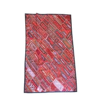Mogul Indian Kutch Red Tapestry Patchwork Ethnic Handmade Embroidered Vintage Table Decor Wall Hanging