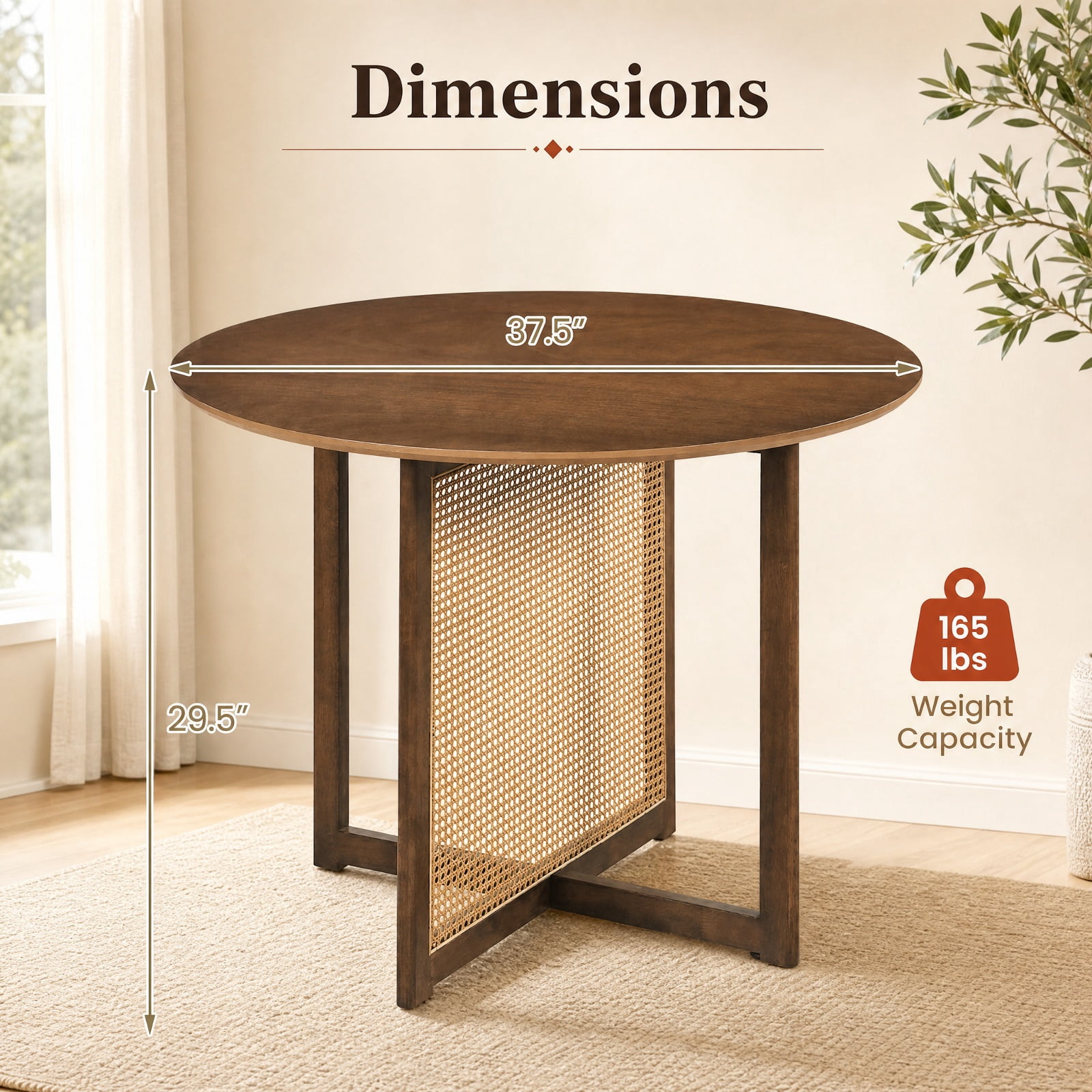 Furnibear 37 Inch Round Dining Table for 4 with Cross Pedestal Base and Rattan Accent for Kitchen and Breakfast Nook, Walnut