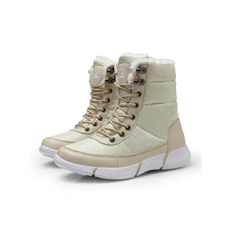 

GENILU Womens Snow Boots Faux Fur Mid Calf Boot Lace Up Winter Shoes Unisex Warm Shoe Breathable Plush Lining Round Toe Cold Weather Beige 7.5