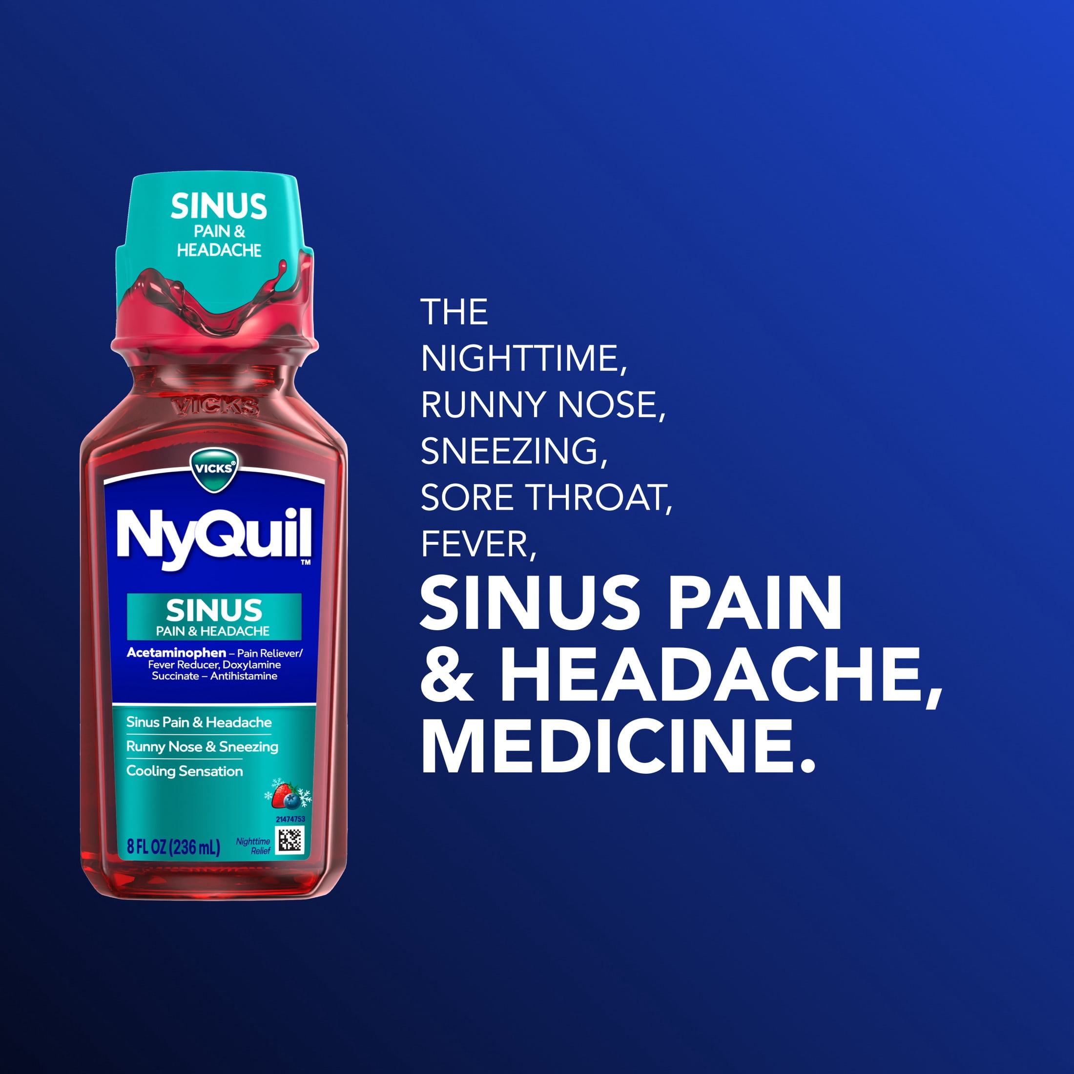 Vicks NyQuil Sinus Pain & Headache Liquid, Sinus Pain Medicine Night, 8 fl oz