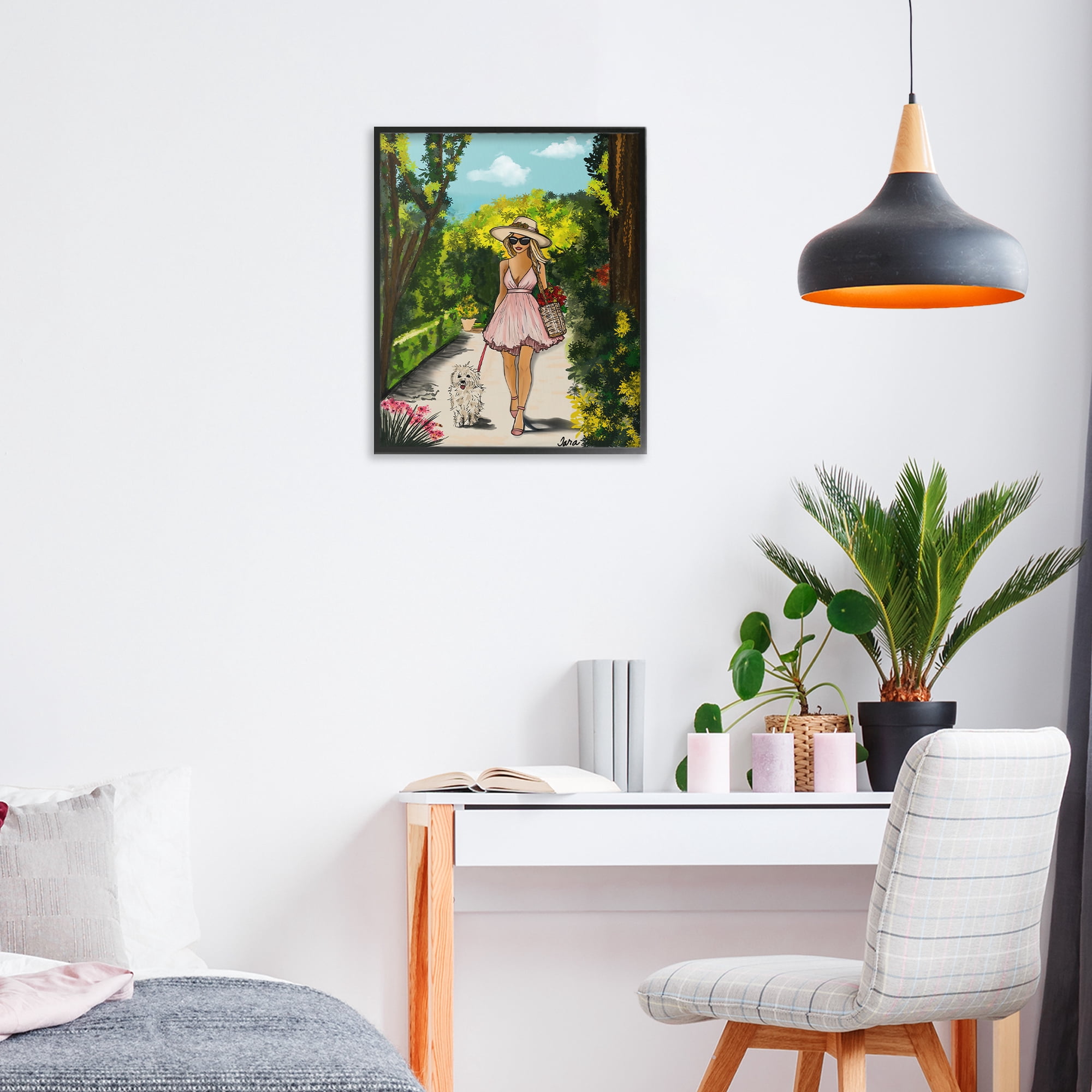 Stupell Industries Garden Girl Strolling with Pup Black Framed Giclee Art, design by Tara Boone