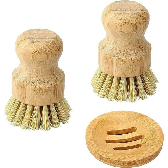 2Pcs Bamboo Dish Scrub Brush with Wooden Soap Dish, Kitchen Dish Scrubber Brush Set for Cleaning Dishes,Sink, Cast Iron Pan/Pot