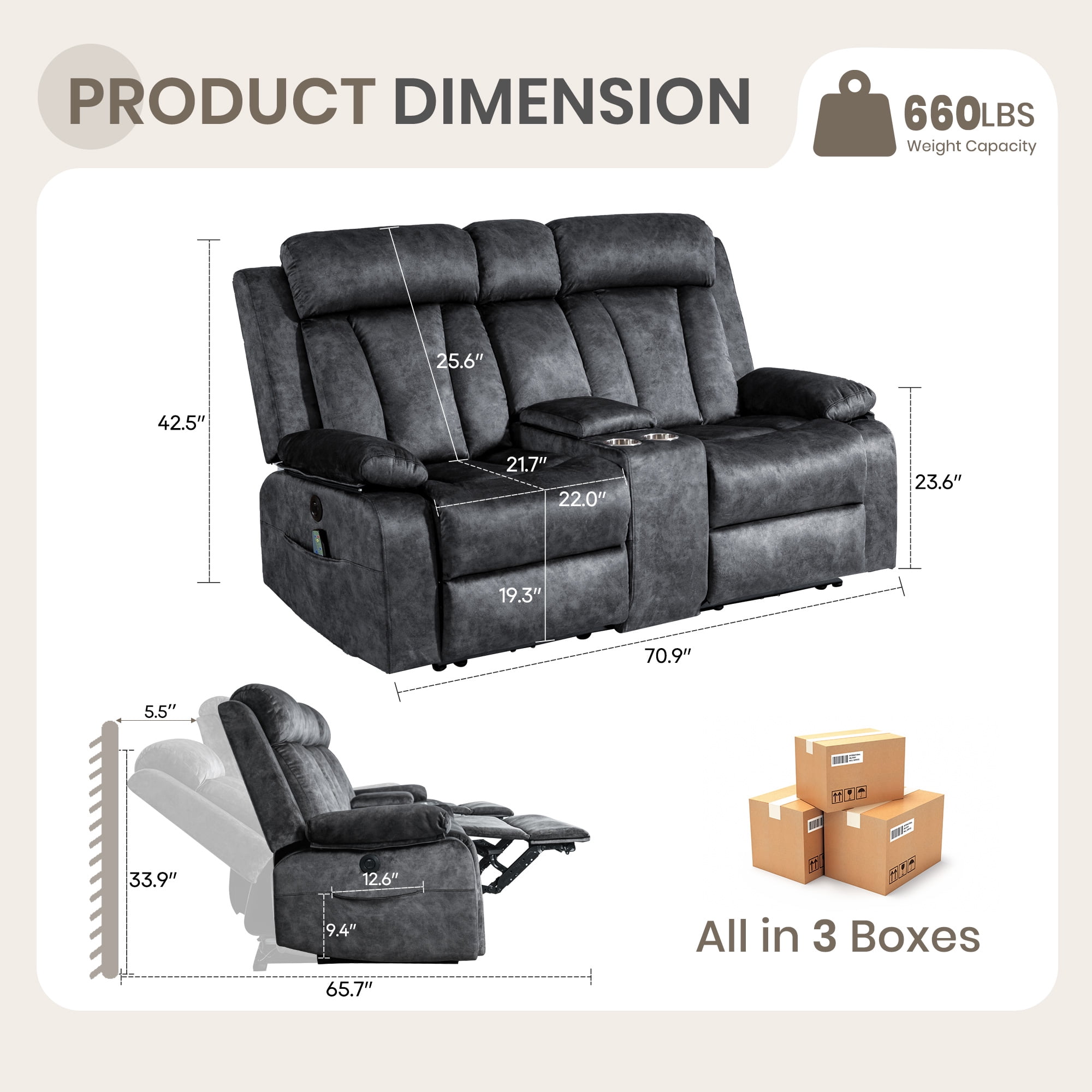Reclining Loveseat-Power Reclining Loveseat with Console,Double Recliner Loveseat with Heat and Massage,Electric Loveseat Recliner with Cup Holders,USB & Type-C Charge Ports for Living Room,RV