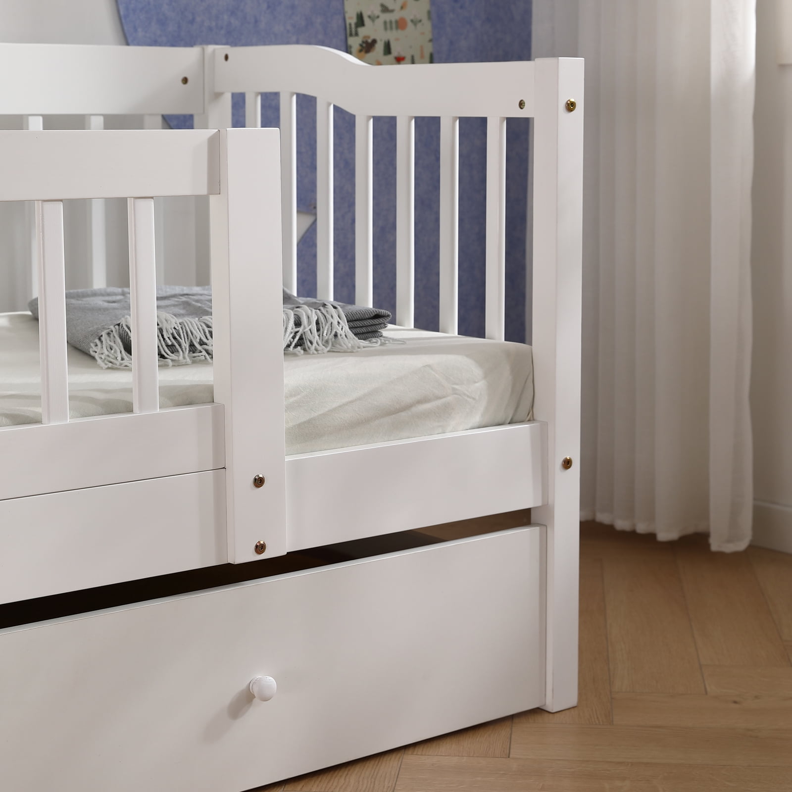 Ktaxon Toddler Daybed with Storage Drawers, Wood Kids Platform Bed Frame with Rails, No Box Spring Needed, Easy Assembly - White