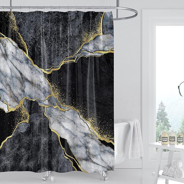 Blackgold2 Cortina de ducha de mármol Domoku, cortinas de ducha con textura de mármol negro y dorado para baño, cortina de baño moderna abstracta decorativa con 12 ganchos Fabri