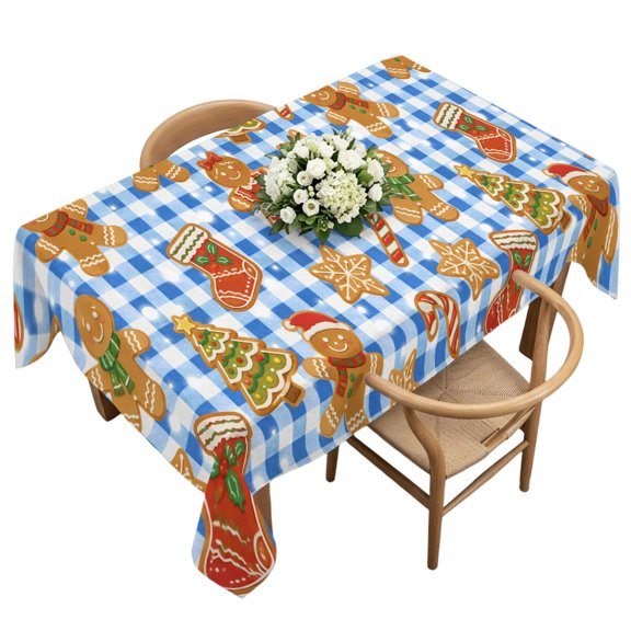 Waterproof Tablecloth Christmas Gingerbread Man Rectangle Table Cloth 60x120in,Wipeable Washable Table Cover White Blue Plaid Background Tablecloths for Dining Tables Kitchen Picnic Outdoor Party