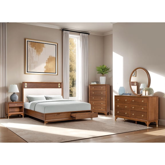 Contemporary 4pc Bedroom Set Walnut Color Queen Size Bed w/ Storage Dresser Mirror Nightstand Platform Bedframe Gold Capped Legs