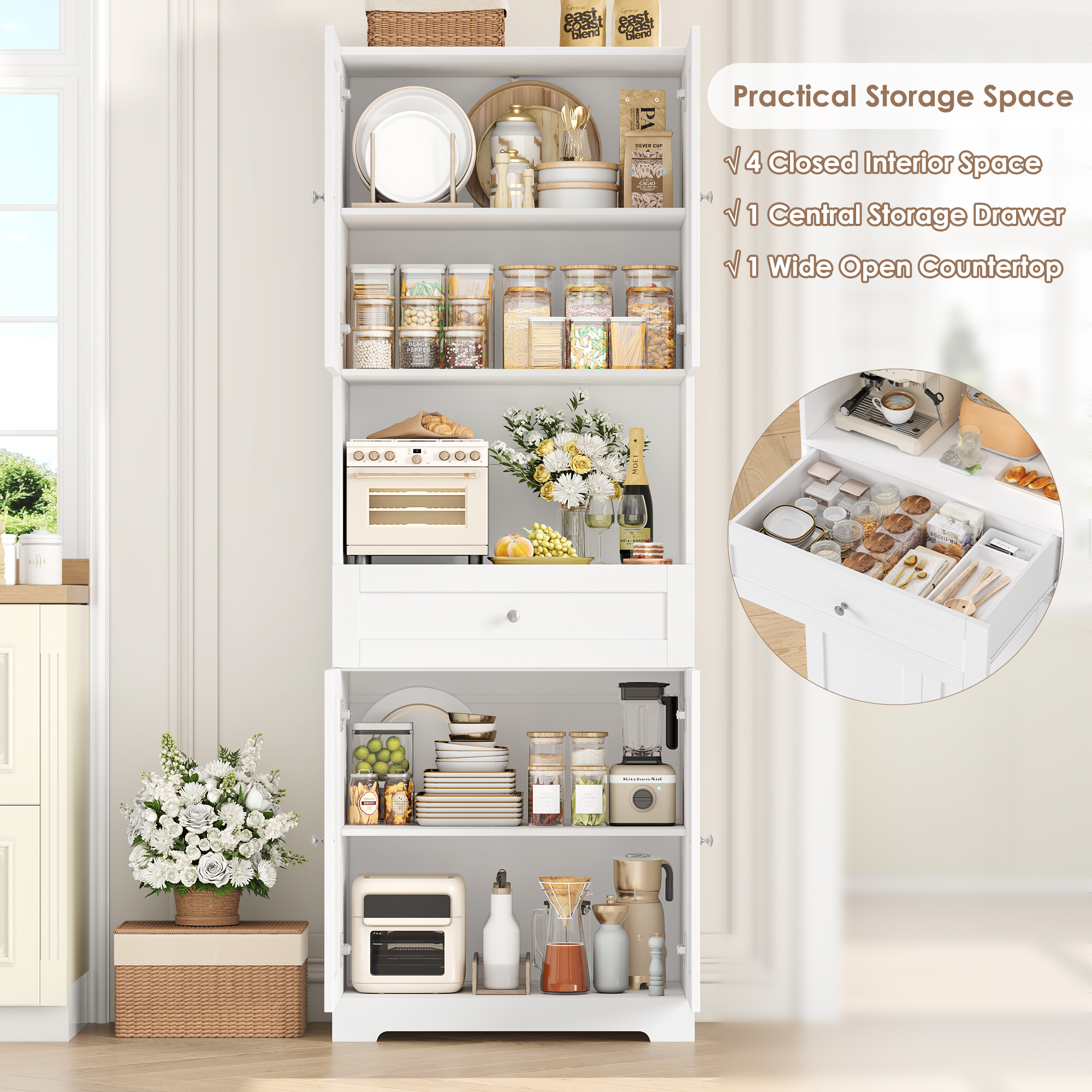 Homfa 67.5'' Tall Kitchen Pantry with Microwave Shelf, Large Storage Drawer Wood Pantry Storage Cabinet for Dining Room Living Room, White
