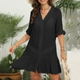thumbnail image 4 of zaveiop Women's V Neck Ruffled Cover up Button Down Bathing Suit Beach Dress with Short Sleeves (Black, M), 4 of 7