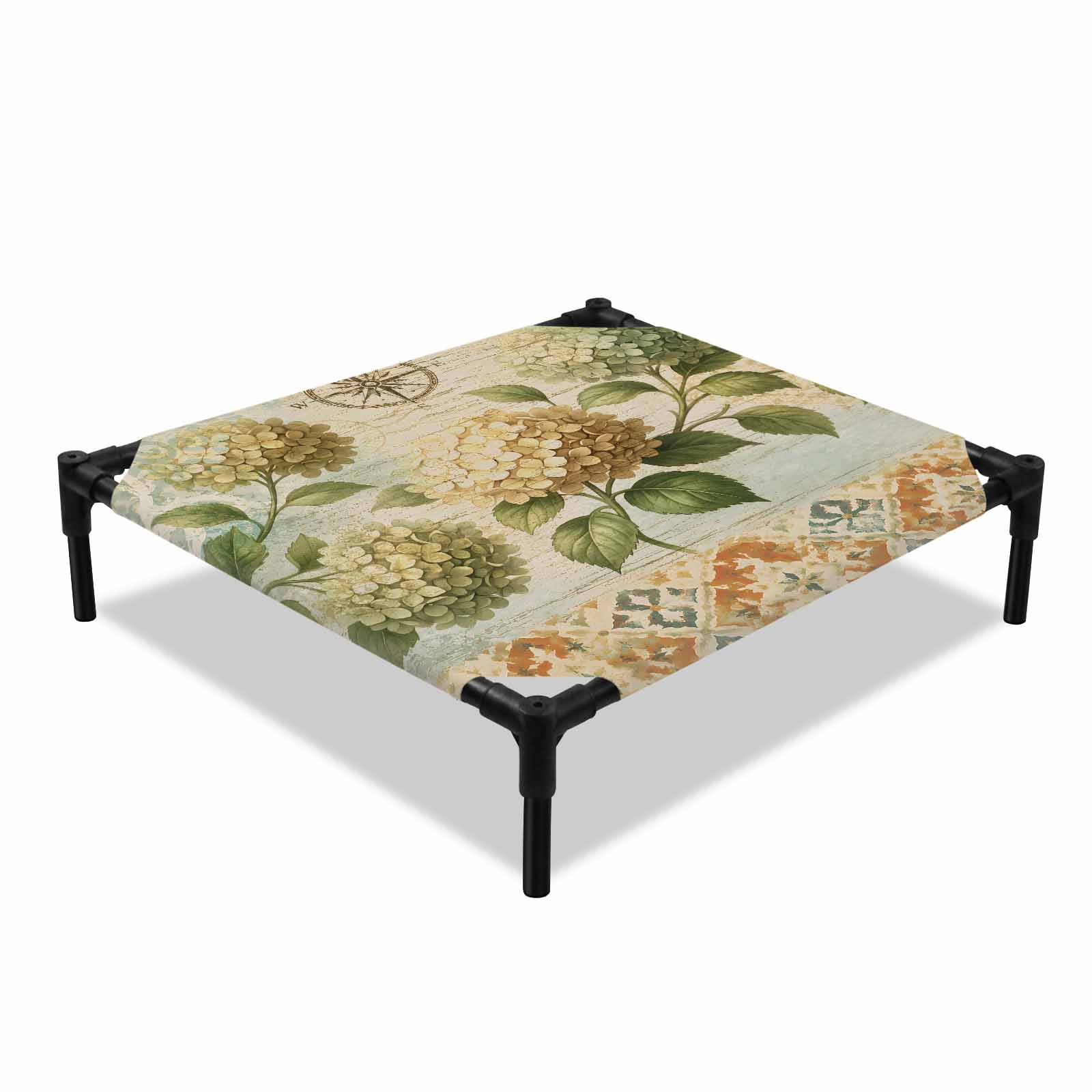 Vintage Floral Elevated Dog Bed Country White Flowers Green Leaf Abstract Plaid Cooling Breathable Outdoor Raised Dog Cot Bed with Metal Frame Non-Slip Feet for Small Dog 20x20in