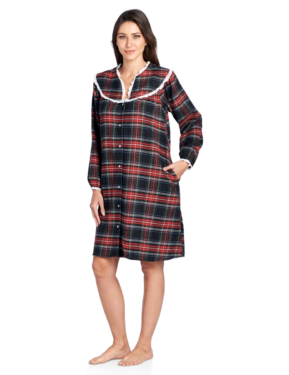 Ashford & Brooks Women's Flannel Plaid Long Sleeve Snap Front Lounge Duster 