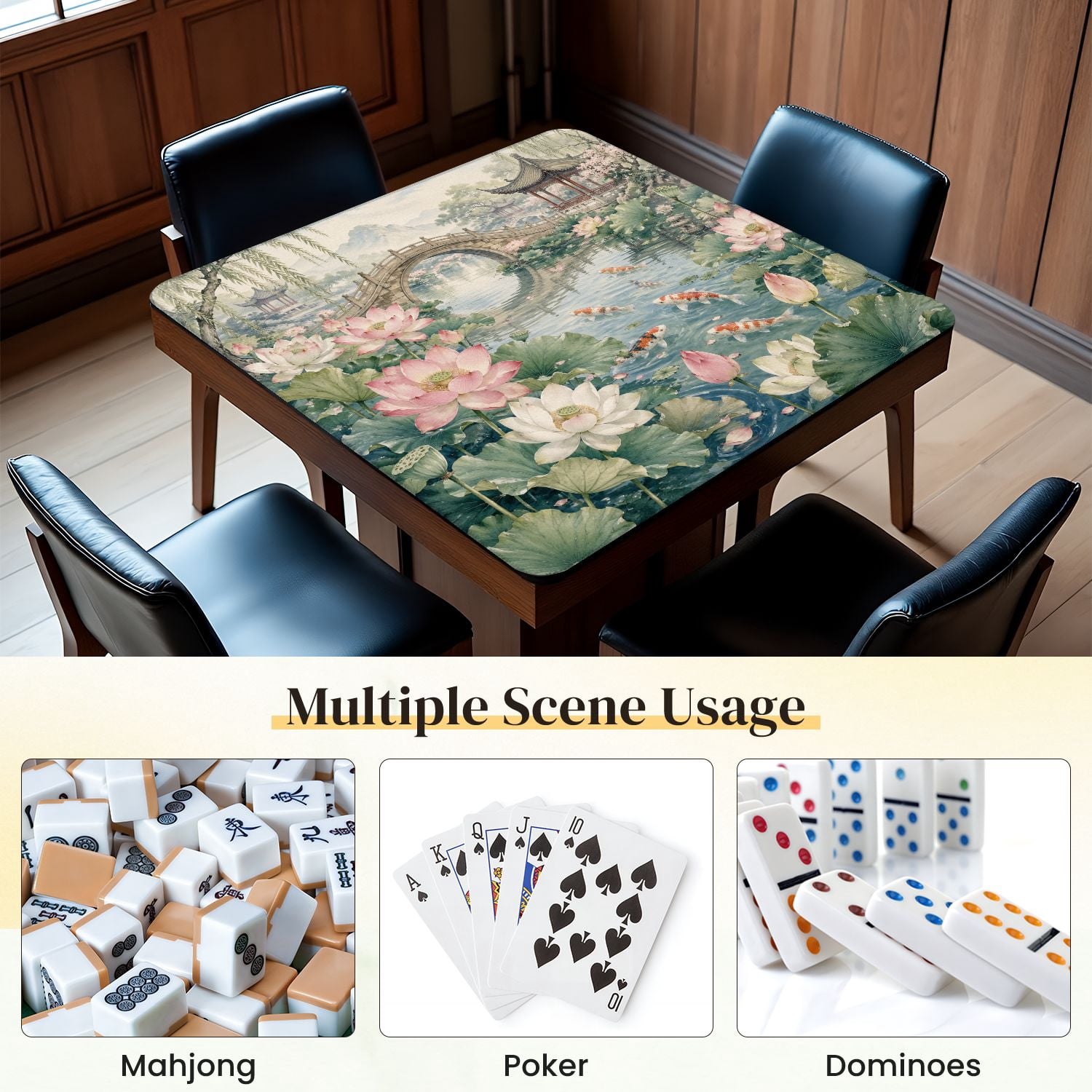 Mahjong Mat 31.5" x 31.5" Serene Lotus Pond Fish Stone Bridge Traditional Garden Pavilions Non-Slip Noise Reduction Mahjong Tiles Table Cover for Dominoes Poker Card Board and Tile Games
