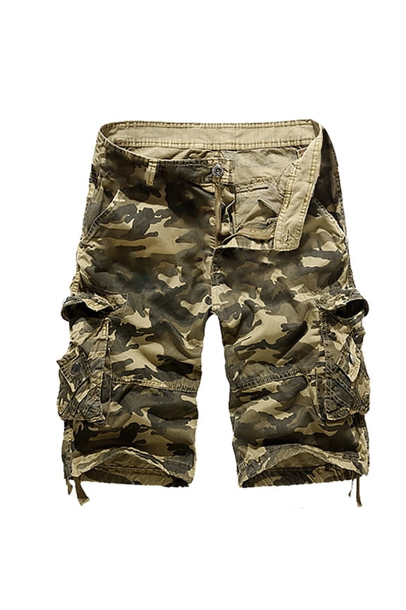 DeHolifer Men's Camo Cargo Shorts Cotton Relaxed Fit Multi-Pocket Outdoor Camouflage Cargo Shorts Khaki 2XL