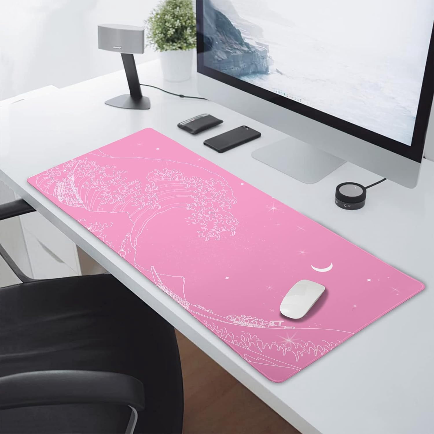 Pink Japanese Anime Gaming Mouse Pad XXL Cute Kawaii Wave Moon Extended Large Desk Mat Big Mousepad Non-Slip Rubber Base Stitched Edge Long Mousepad for Desktop Office PC Computer, 35.4 x 15.7 inches