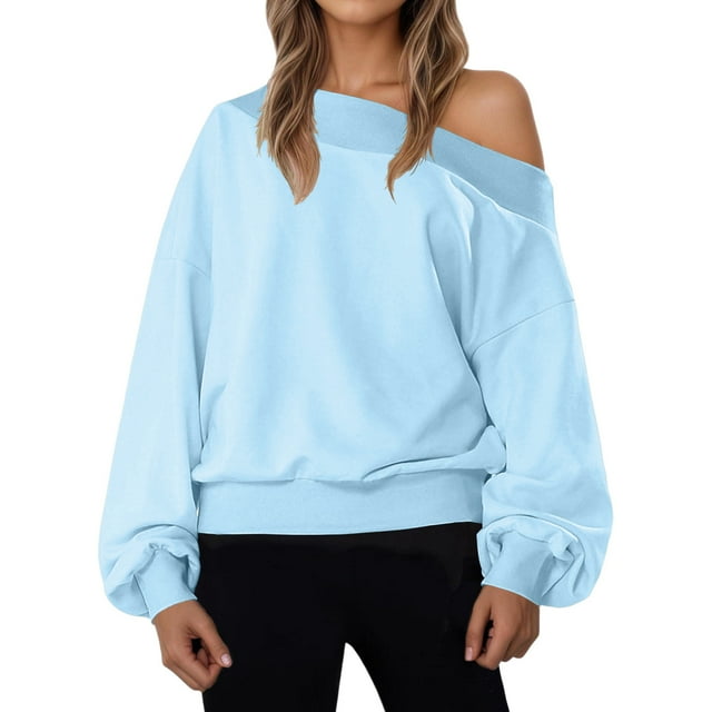 Womens Off Shoulder Sweatshirt Drop Shoulder Long Sleeve Sweatshirts Fashion Comfortable Solid Color Pullover Tops Light Blue L