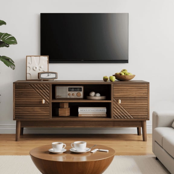 43.3-Inch Mid-Century Modern TV Stand for 32/45-Inch TVs, Entertainment Center with Storage, Media Console Table for Living Room and Bedroom, Walnut