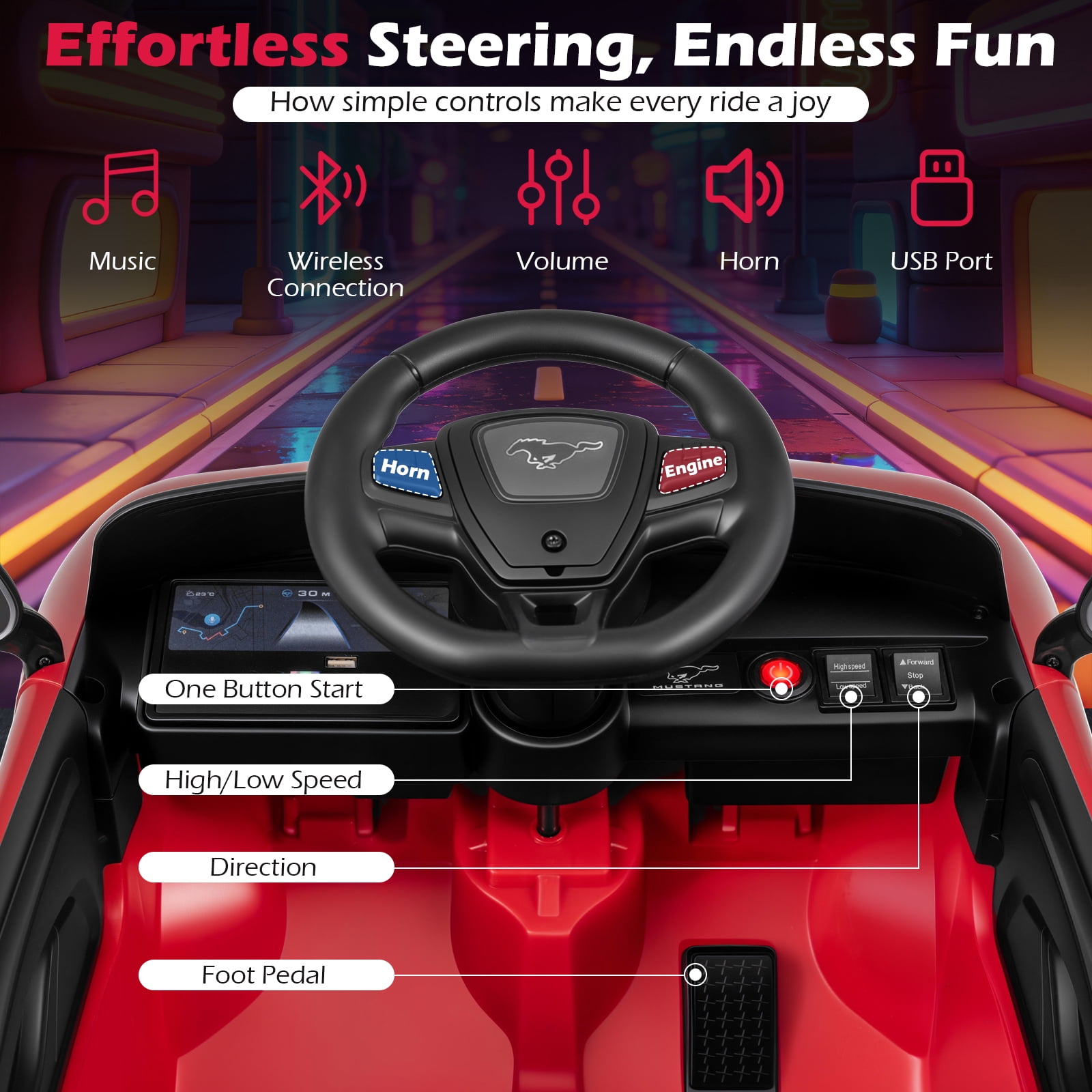 Gymax Licensed Ford Mach E Electric Vehicle w/Parent Control LED Lights Horn Music Red