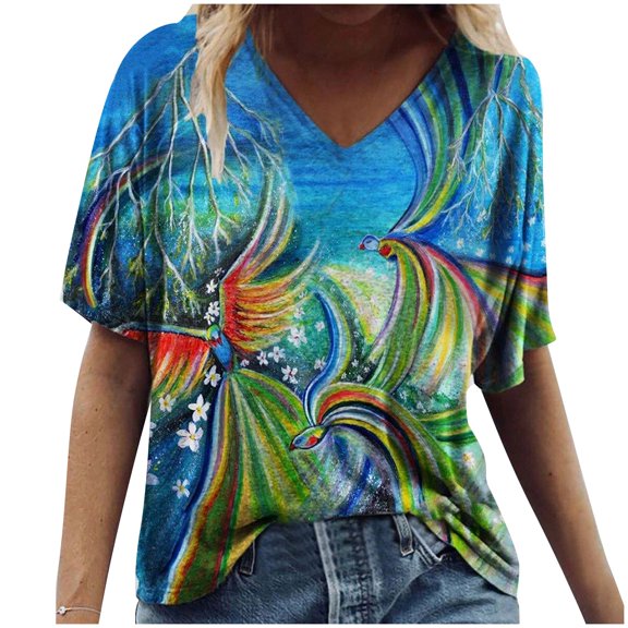 Pntutb Womens Clearance,Women's Plus Size Short Sleeve Printed V-Neck Tops Tee T-Shirt Blouse Rollback Green M