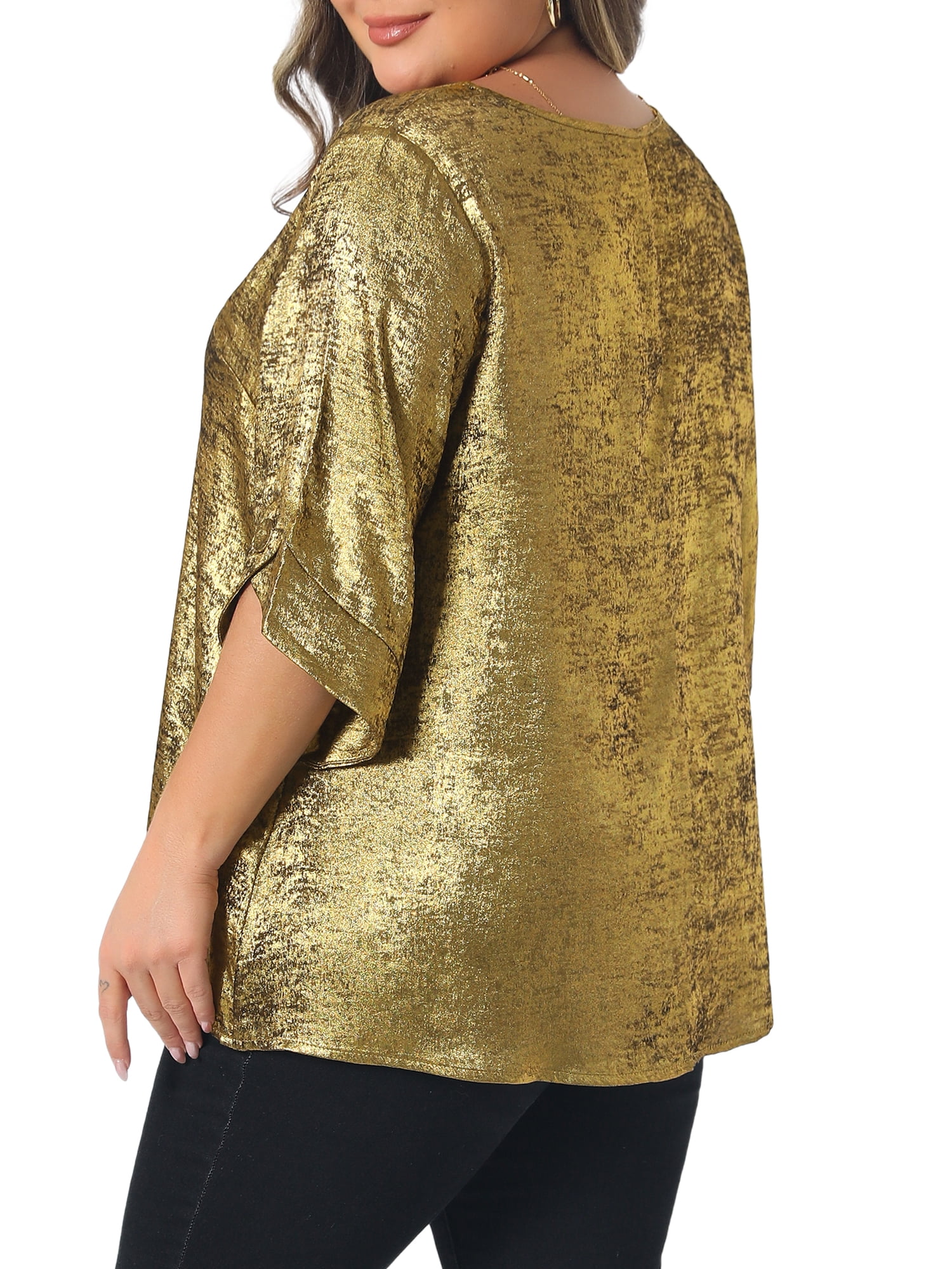 DARING DIVA Women's Plus Metallic Tops Sparkly Crew Neck Loose Shirts 1X Gold
