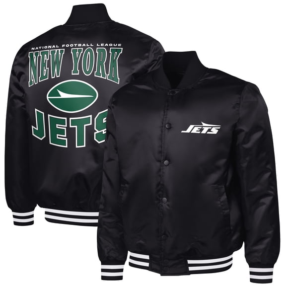 Men's G-III Sports by Carl Banks Black New York Jets Adaptive Team Graphic Satin Full-Snap Varsity Jacket
