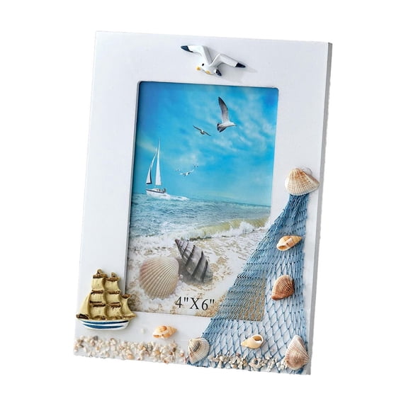 Coastal Ocean Themed Wooden Photo Frame, 3D Handmade Seashell Starfish Seagull Decor Desktop Picture Display Stand, Nautical Sailboat Lighthouse Ornament Photo Holder for Home Table Decor,8"x6"