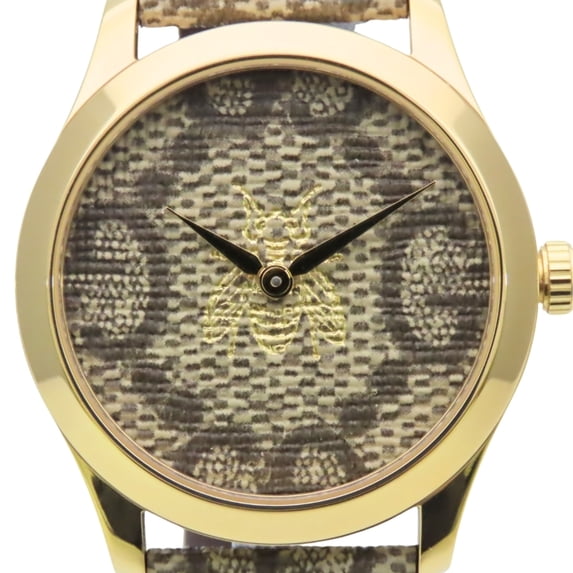 Pre-Owned Gucci G-Timeless Bee 126.4 SS Gold Beige Brown GG Supreme Watch for Women and Men