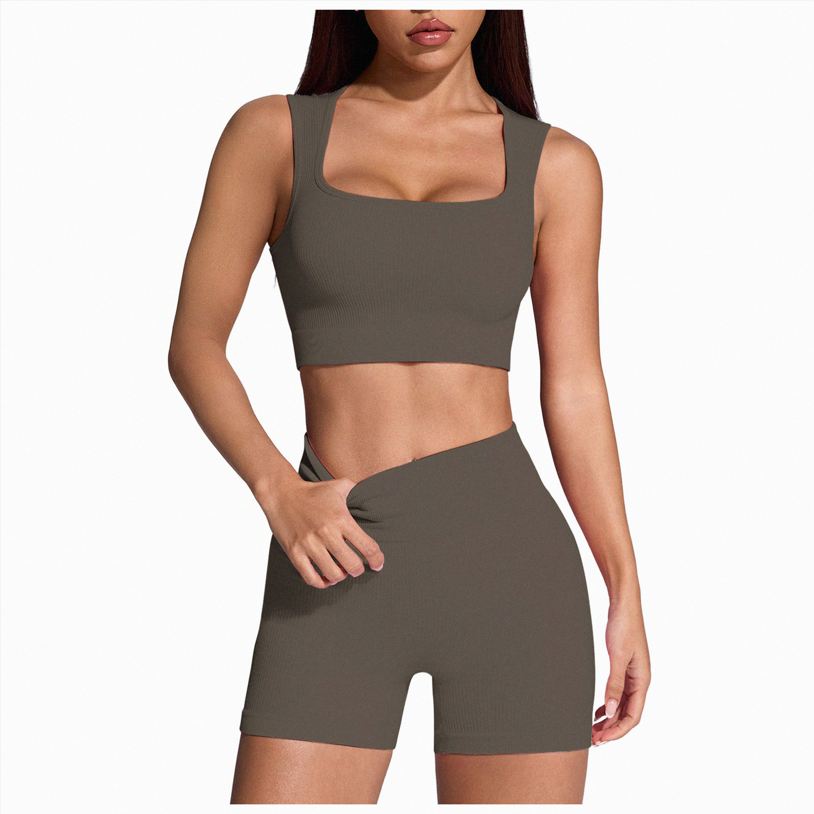 Hessimy Workout Sets for Women 2 Piece - Seamless Yoga Outfits Shorts and Padded Sports Bra Gym Athletic Clothing Set(Brown,L)