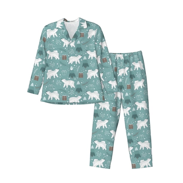 Balery whiter Snow bear Print Pijama para Hombre de Dos Piezas con Manga Larga, Conjunto de Dormir y Descanso Suave con Bolsillos-XX-Large