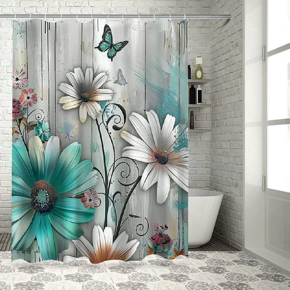 PRATYUS Rustic Farmhouse Shower Curtain, Farm Teal Daisy Floral Flowers and Butterfly on Country Wooden Shower Curtain for Bathroom, Turquoise Blue with Hooks 36x72