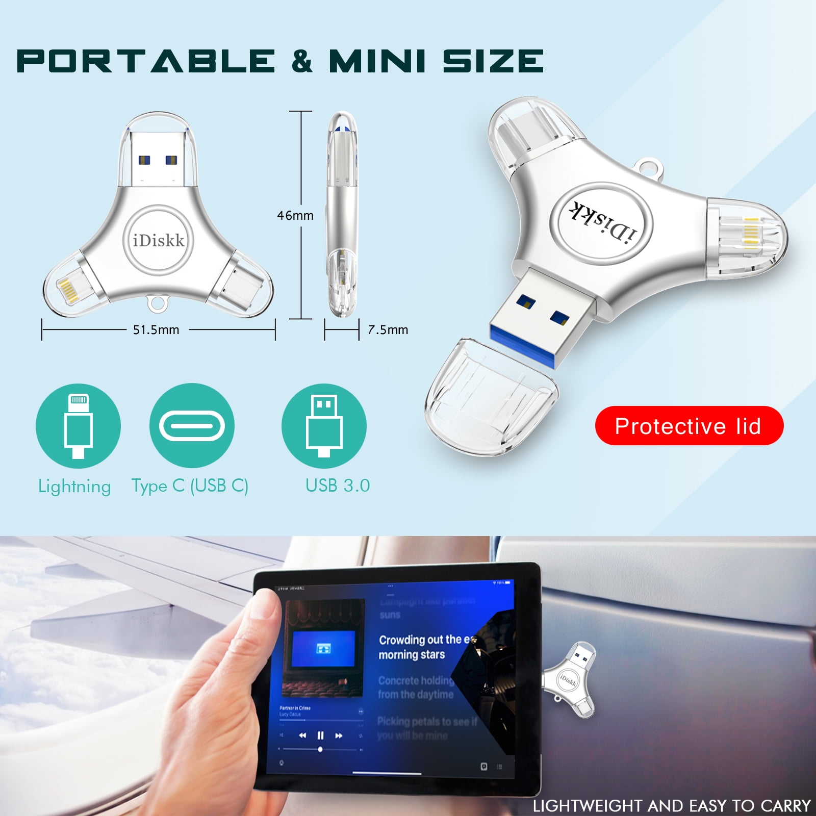 iDiskk MFi Certified 128GB USB 3.0 Flash Drive for iPhone, 3in1 External Memory Photo Stick for iPhone, OTG Android Phone, PC