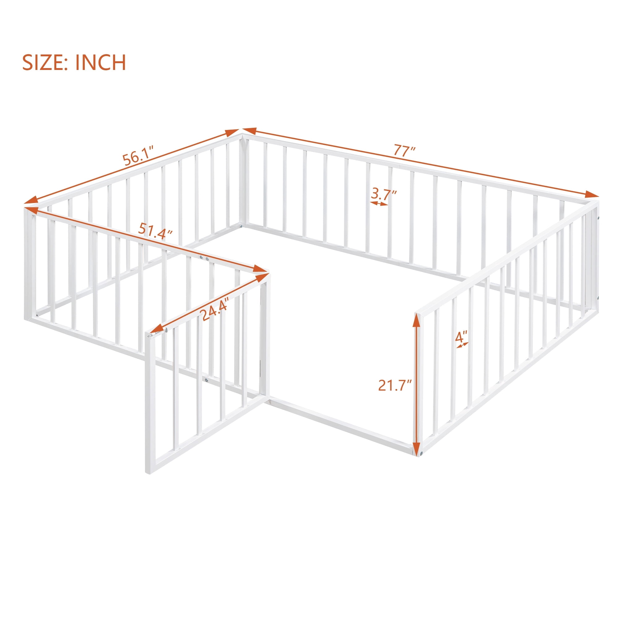 Harper & Bright Designs Full Floor Bed Frame for Kids, Metal Montessori Floor Bed with Rails and Door, Floor Full Size Bed Frame with Fence-Shaped Guardrails, White