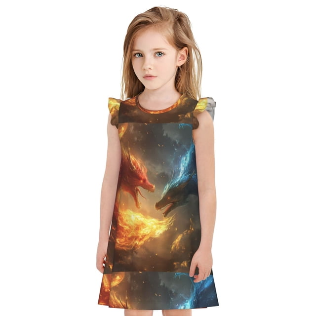Fotbe Red And Blue Fire Dragon B Vestido de Dormir para Niñas de 3 a 10 Años, Mangas Cortas, Estilo Princesa, Pijama Camisón con Mangas Voladas-X-Large