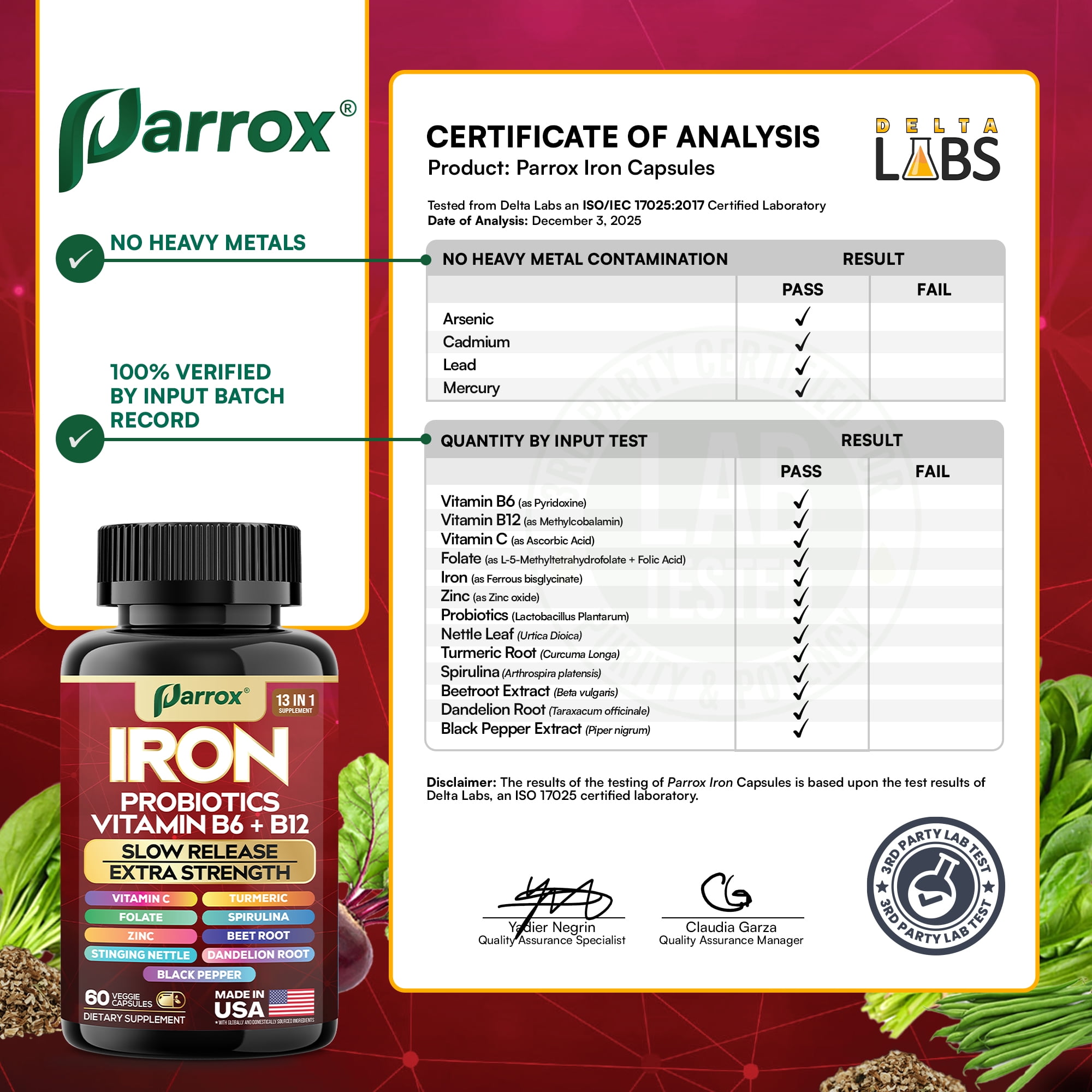 Parrox Iron Supplement with Slow Release Iron, Probiotics, Spirulina, Turmeric, Vitamin B6, B12, C, Zinc, Folate, Beetroot, Nettle Leaf, Dandelion Root,Black Pepper, Extra Strength, 60 Vegan Capsules