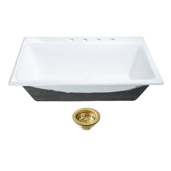 Kingston Brass KGCKTS3622117 Towne 36-Inch Cast Iron Self-Rimming Single Bowl Drop-In Kitchen Sink (4-Hole) with Strainer in White/Brushed Brass